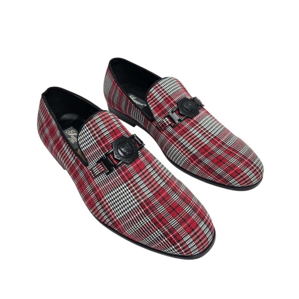 Successo Uomo Mens Red Plaid Panther Bit Loafers SH3559-3 Size 9 Dress Shoes